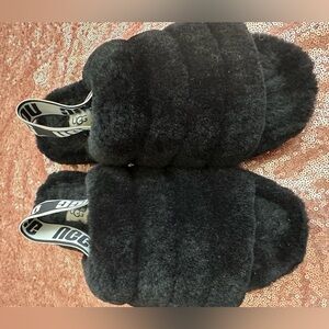 UGG Women's Fluff Yeah Black Fleece Sherpa Sz 8 EU 38 Platform Slingback Slipper